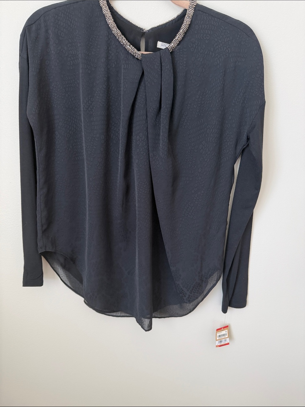 RACHEL Rachel Roy Charcoal Gray Long-Sleeve Beaded-Neck Blouse